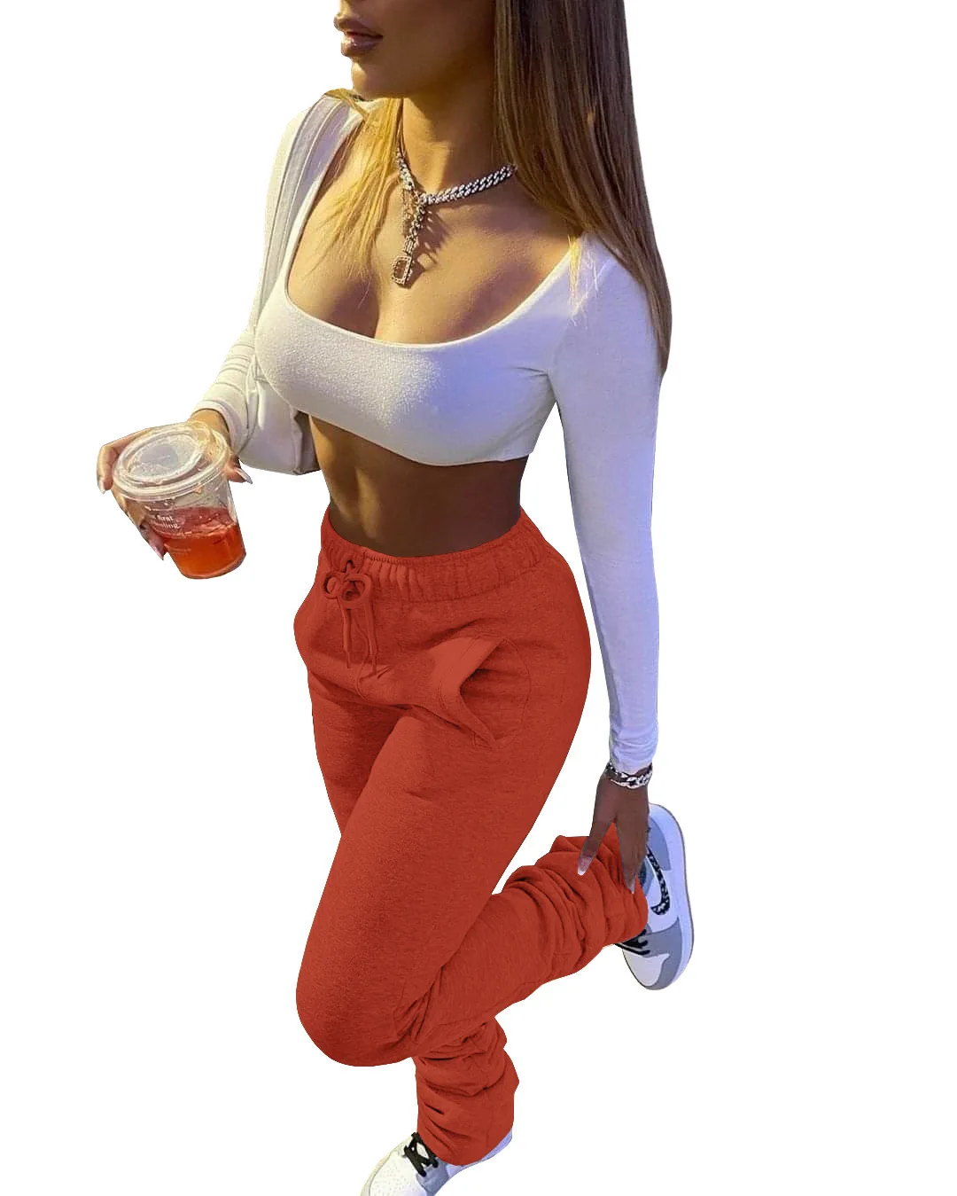 

Hot Selling Fashion Soft Solid Girls Thick Stack Pants Sweats with Pockets, Customized color