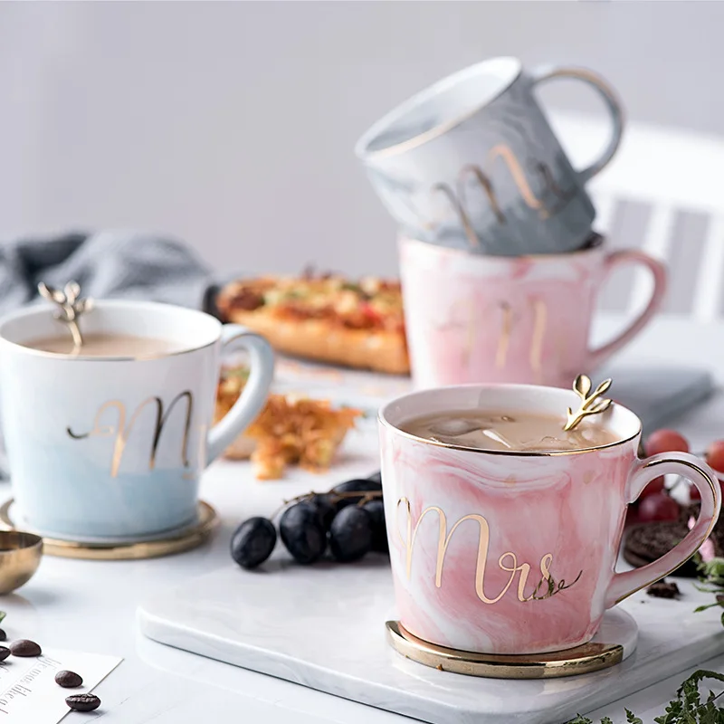 

New design cute coffee ceramic marble mug cup with gold painting, Pink, grey