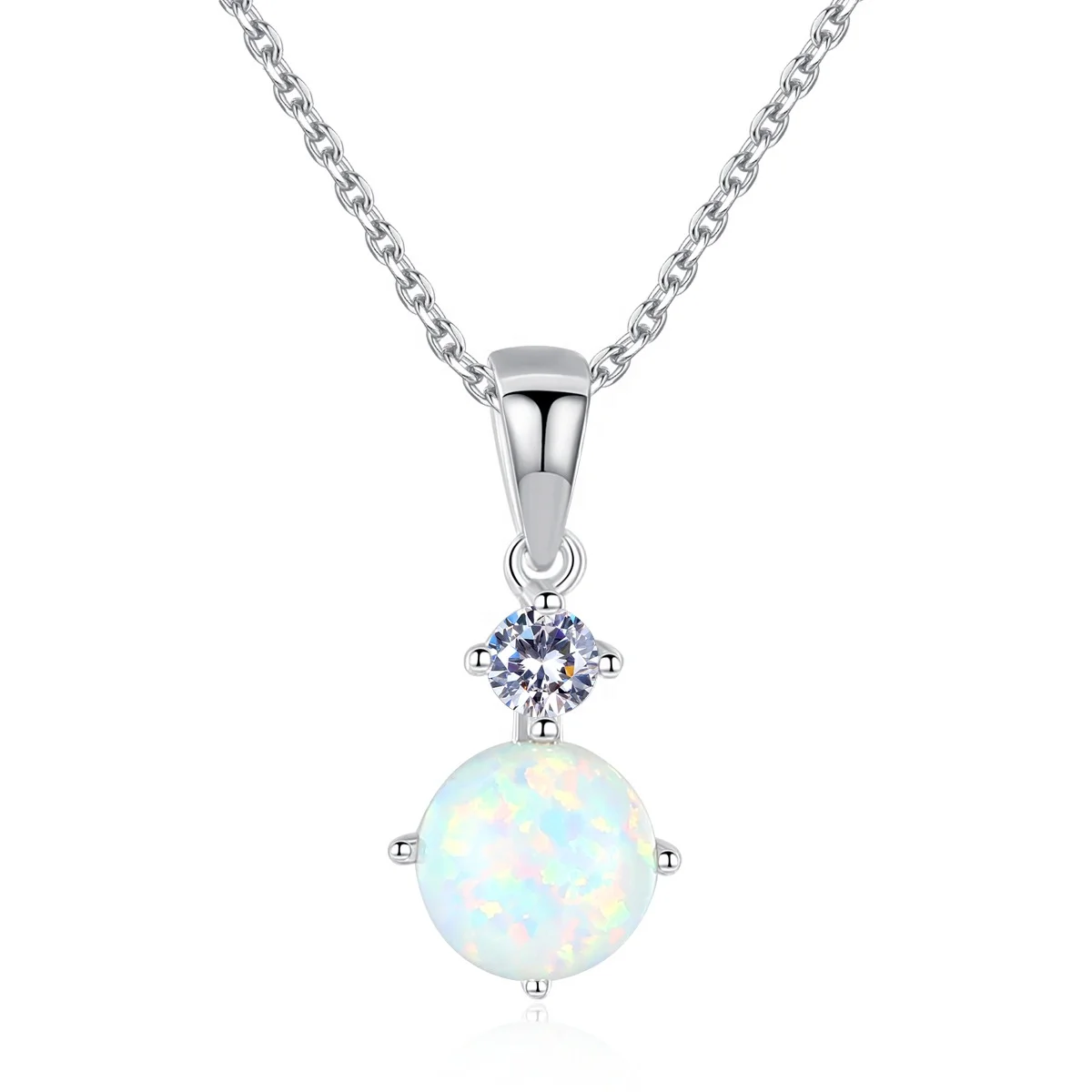 

Wholesaler 925 Sterling Silver Jewelry Simple Prong Setting Round White Opal Necklace