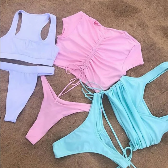 

Ribbed solid adjustable sexy bikini set cheeky bottom swimsuit women sexy bikini, Customized color