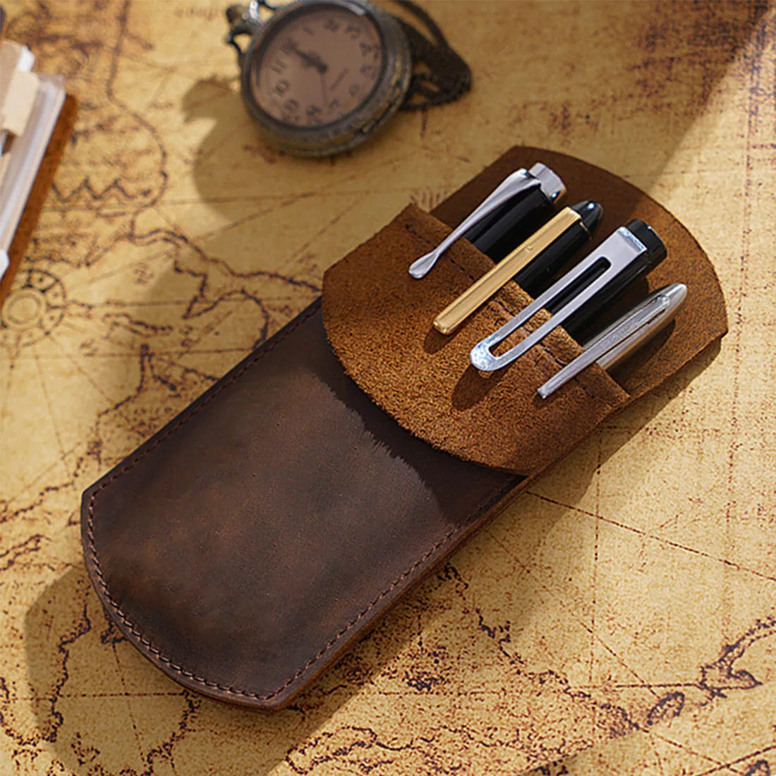 

Handmade Cowhide Pen Holder Vintage Crazy Horse Genuine Leather Pens Sleeves Wallet For Men Women, Black,coffe,brown,wine red,army green,navy blue