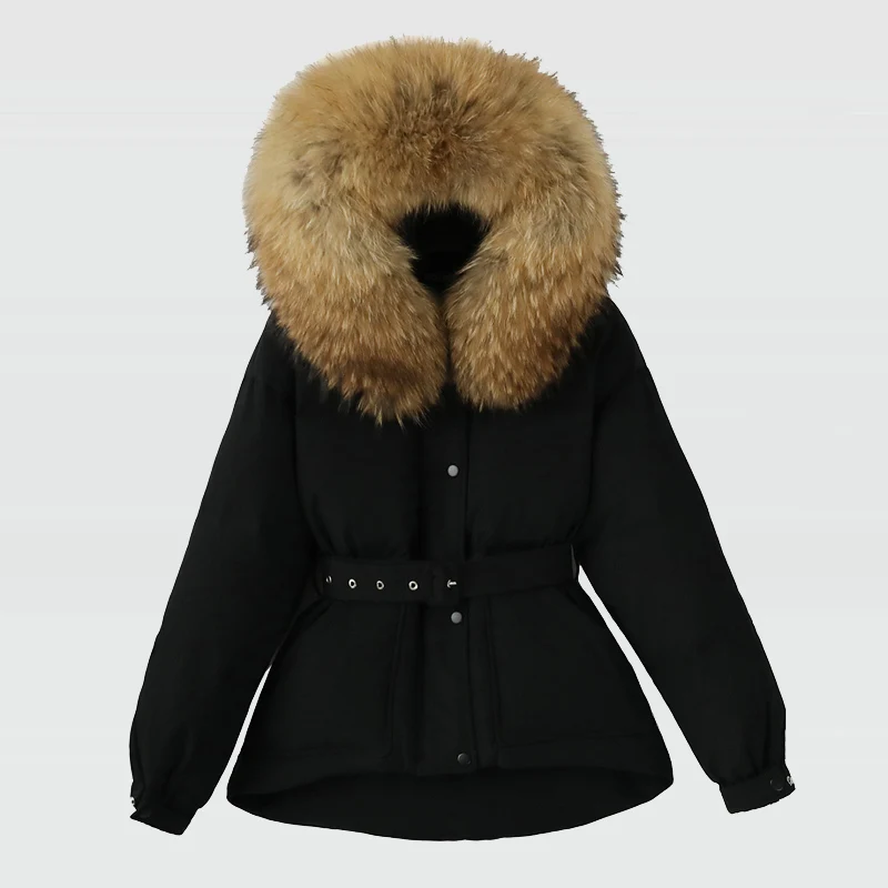 

JANVENY Winter New Short Real Fur Collar Hooded Waist Thickened White Duck Down Puffy Coat For Women