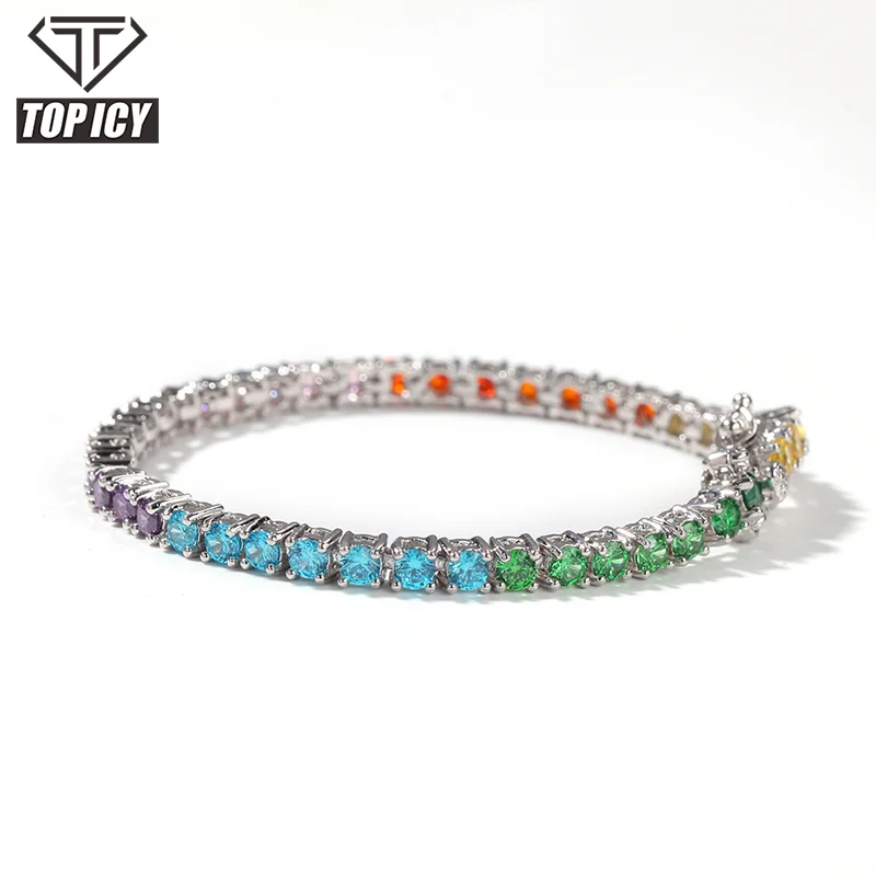 

4mm AAA+Cubic Zircon Hip Hop Colorful CZ stones 18kgold plating Brass Copper Diamond tennis chain unisex bracelet anklet jewelry