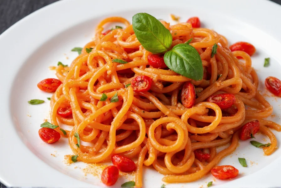 Beautifully plated red pepper pasta with garnishes on white ceramic dish
