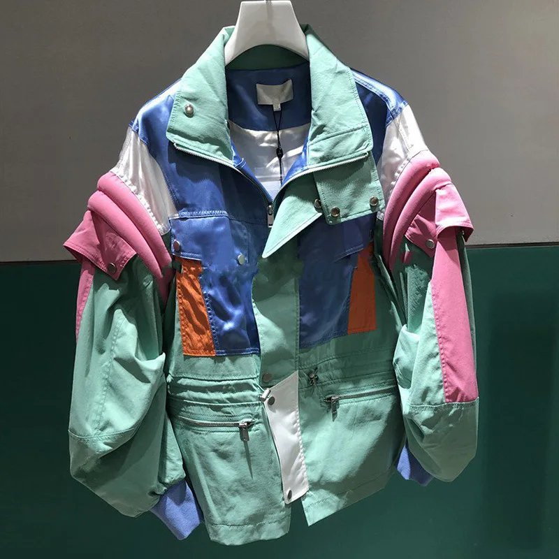 

2021 spring new arrival fashion high collar contrast stitching loose jacket coat