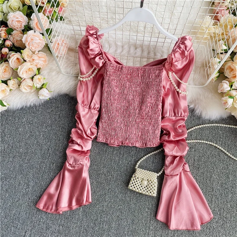 

Spring Women's Korean Style Elegant Vintage Solid Long Flared Sleeve Silk Blouse V Neck Ruffle Casual Loose Folds Tops, Pink/yellow/black/white