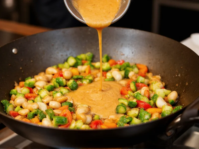 Peanut sauce drizzled over vegetable stir-fry in wok