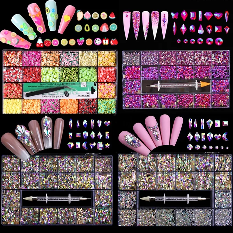 

Custom Mixed AB Crystal Diamond In Grids 21 Shape Flatback Rhinestones for Nail Crystal With Nail Pen Nail Crystal Box