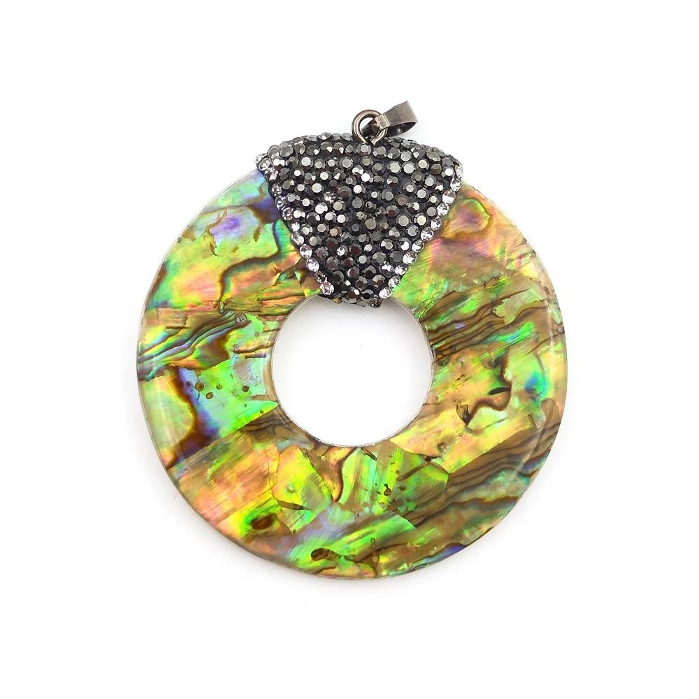 

Wholesale New Coming Fashion Abalone Shell Pendant doughnut Shape Gorgeous green MOP charm CZ pave beads for Jewelry making kits, Multi
