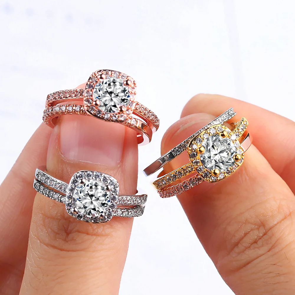 

Wedding Jewelry Shining Geometric Diamond Cubic Zircon Rings Set Three Colors Square Shaped 3PCS Set Engagement Rings