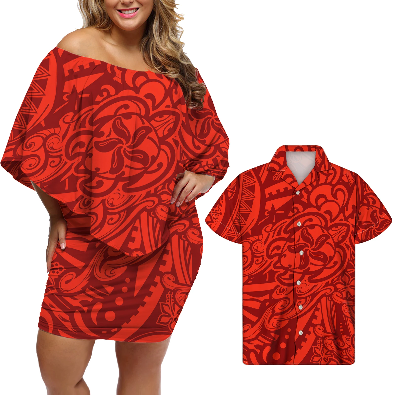 

New Arrival Ruffle Dress For Women Polynesian Tribal Turtle Designer Sexy Red Dresses High Quality Women Big Size Dresses, Customized color