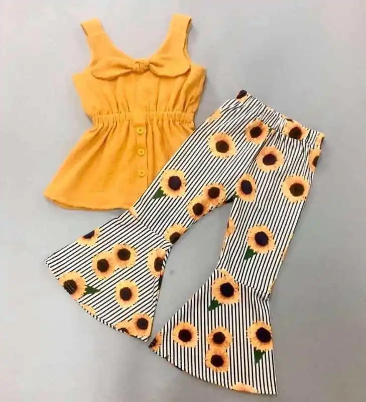 

Ready to Ship Stock Fast sun flower print Latest baby yellow dye clothes baby Woven sleeveless shirt suit outfit spring summer, As picture or your request