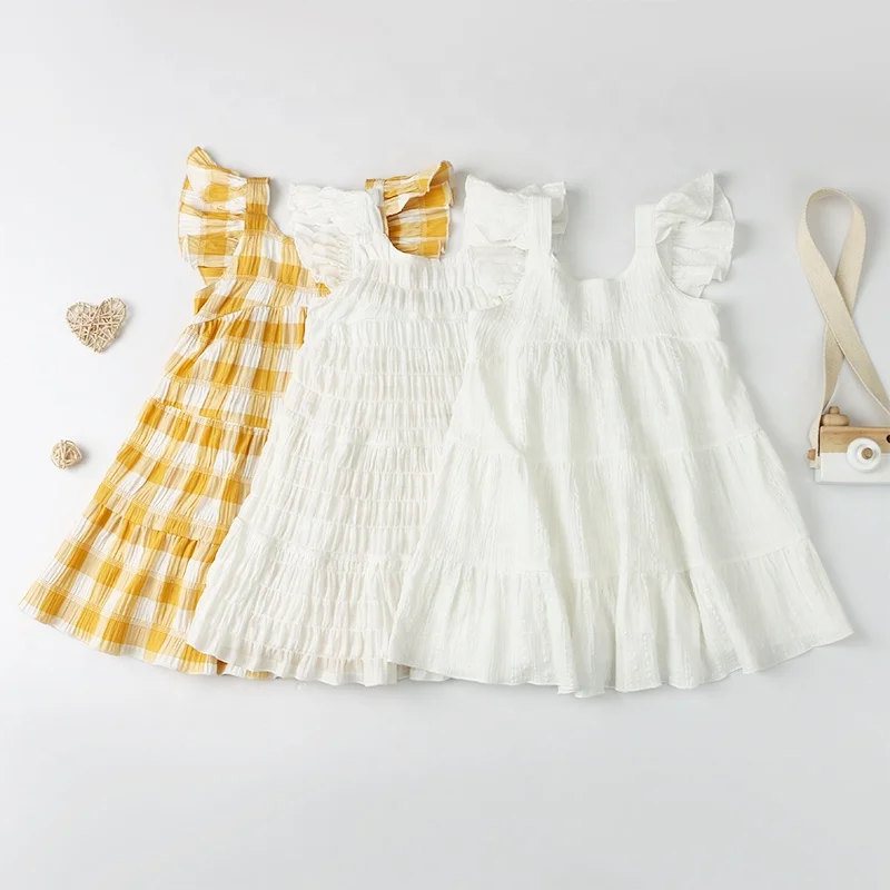 

Hot sale summer kids clothing seersucker baby dresses ruffle sleeveless baby skirts