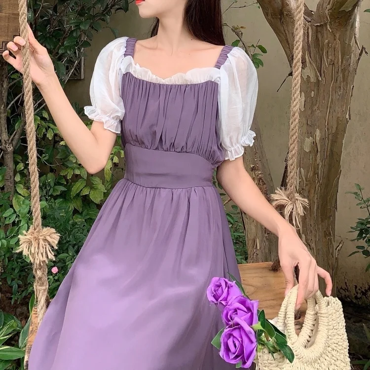 

Purple dress 2021 summer new French retro puff sleeve dress