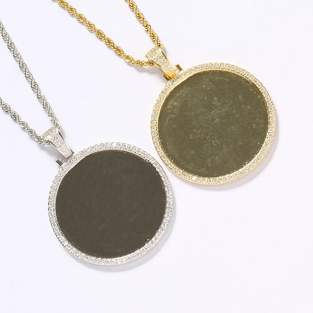 

PP01 Large Round photo Pendant with rope chain Brass Micro pave with CZ stones Necklace Jewelry for men and women