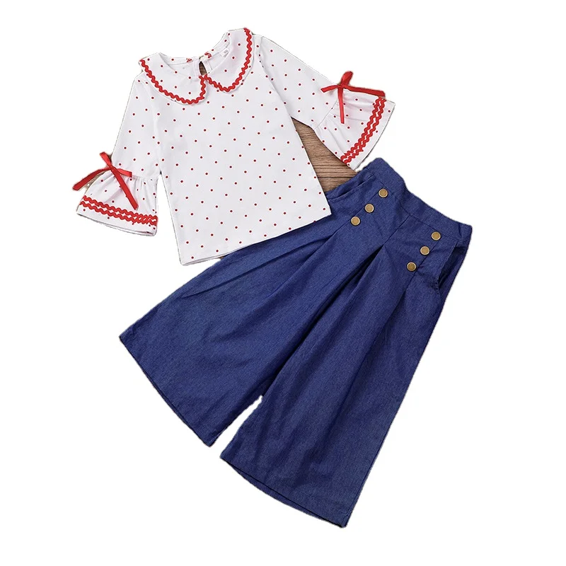

new doll collar blouse wide leg pants suit autumn style children American long-sleeved T-shirt trousers kids clothing sets