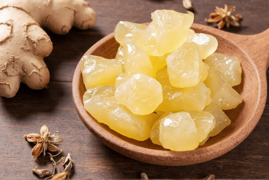Close-up of Prince of Peace Ginger Honey Crystals showing their translucent amber appearance and crystalline structure