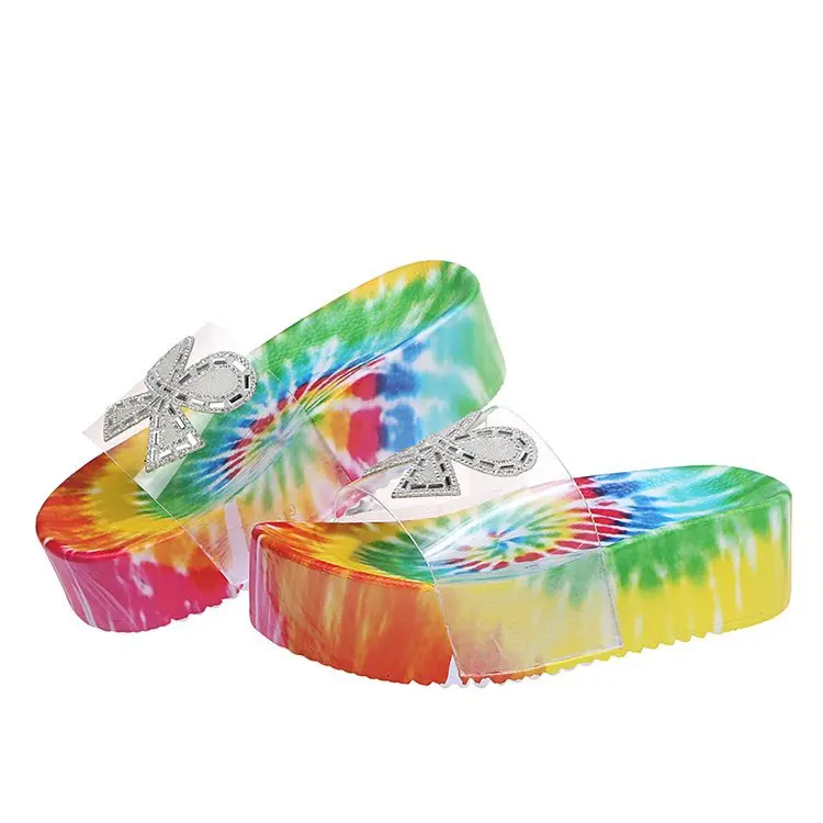 

Large size thick soled slippers summer 2021 bow slippers women's muffin high heel color matching sandals OEM customization