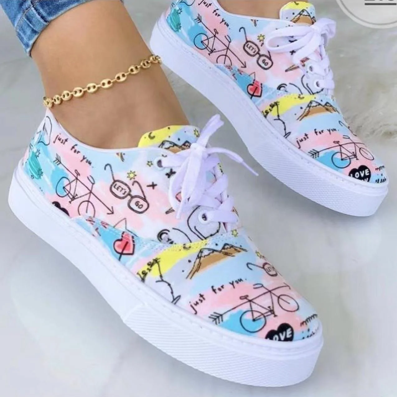 

2022 Summer Round Toe Thick Bottom Printing Colorful White Shoes Vance Lace-up Casual Shoes