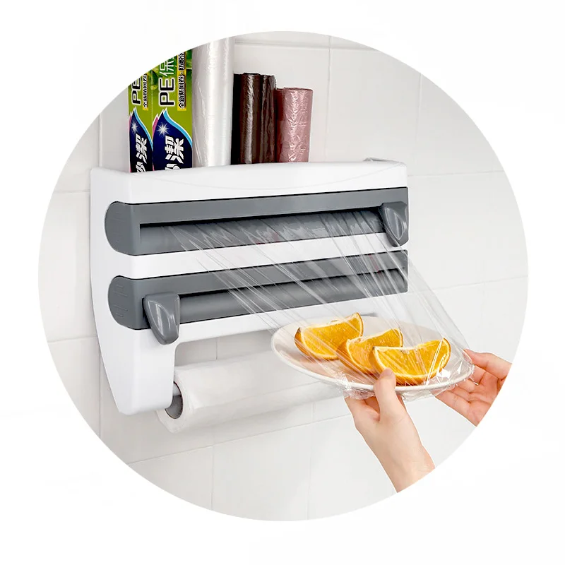 

2021creative kitchen wall mounted Cling film cutter kitchen storage rack plastic food wrapping film dispenser