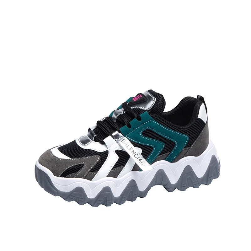 

2021 New Sport Clunky Women Shoes Sneaker Supper Pu Ladies High Heeled Sneakers, White, grey green