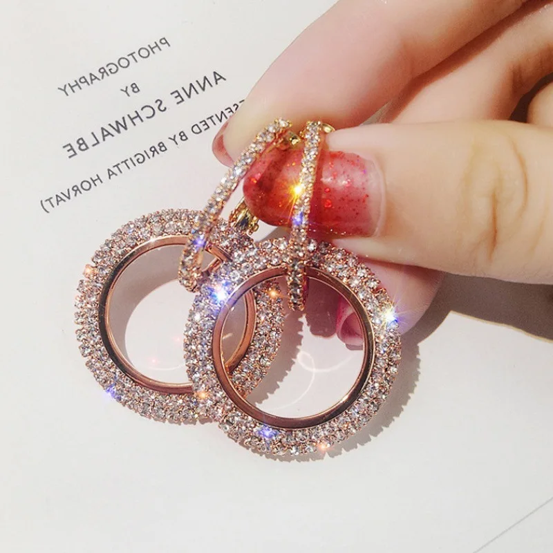 

2021 Fashion Gold Jewelry Plated Aretes Elegant Diamond Drop Earring Double Hoop Circle Rhinestone Earrings for Women