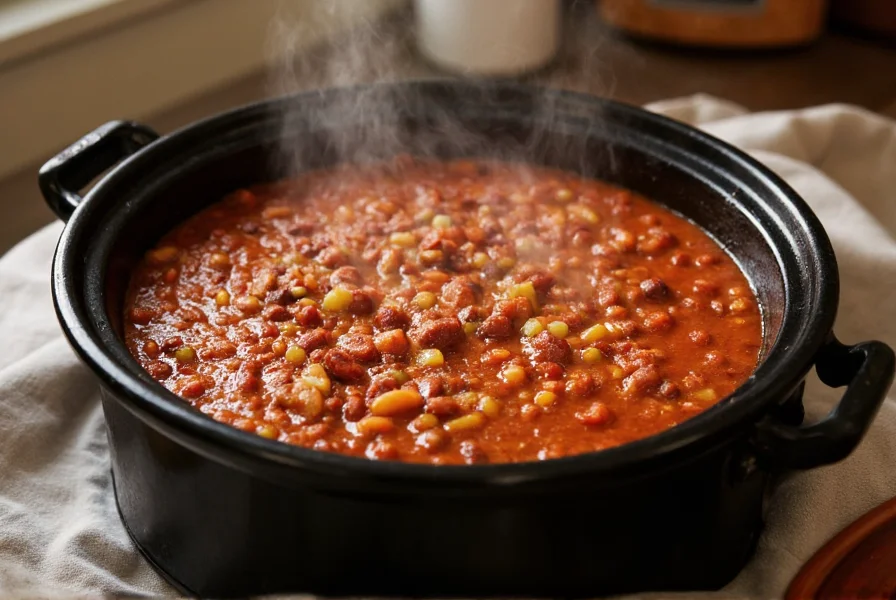 Perfectly textured chili in slow cooker with visible ingredient layers and steam rising