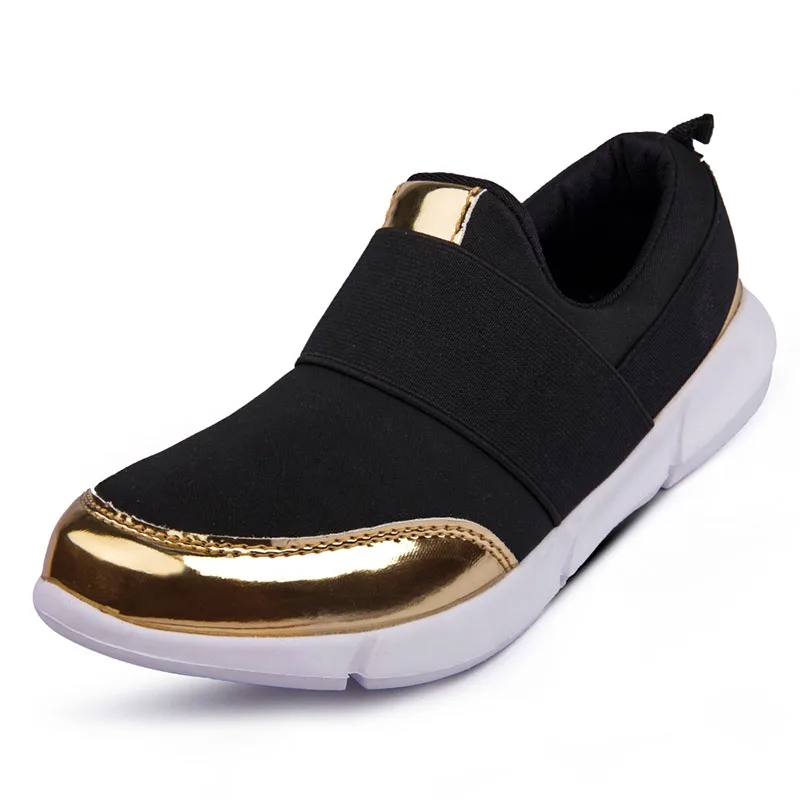

New arrival women elastic slip on sport running casual shoes, Black+gold/grey+silver