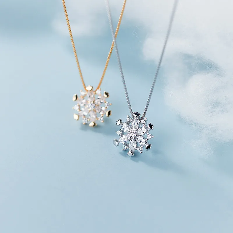 Silver 925 Necklace Fine Diamond Pendant Necklaces Christmas Snow Flower Gold Plated Necklaces for Women Girls