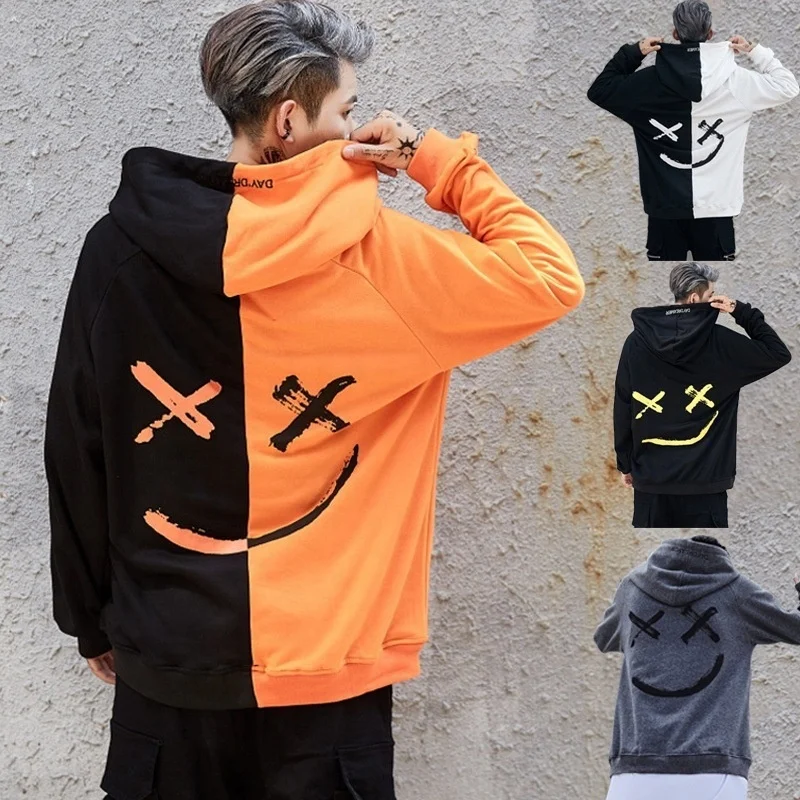 

Mens Hoodies Sweatshirt Happy Smiling Face Print Mens Patchwork Hoodies Long Sleeve Hooded Pullover Jumper Sweatshirts Men, Customized color