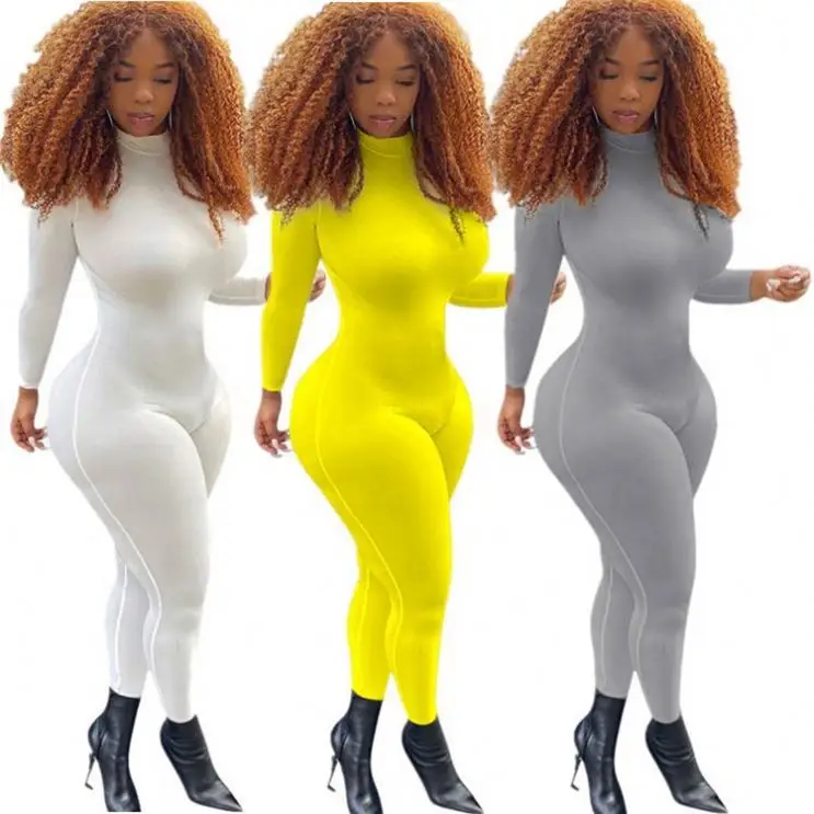 

2020 Custom Fall Solid Color Fitness Sexy Long Sleeve Bodycon Women One Piece Jumpsuits And Rompers