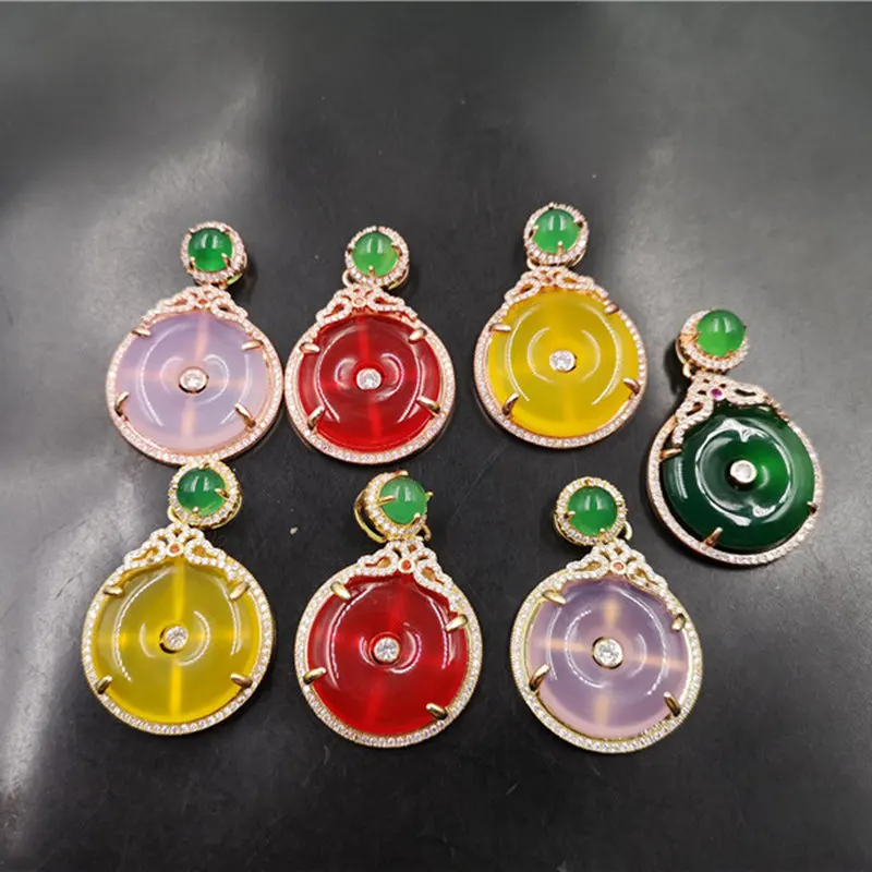 

2021 New green agate 925 color silver plated inlaid pink chalcedony donut jade pendant necklace, As pcitures