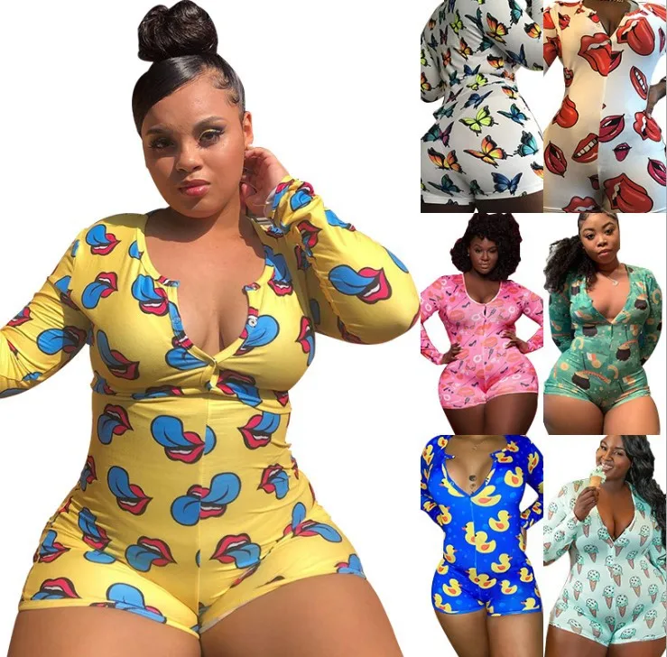 

2020 Wholesale Custom V Neck Bodycon Funny Tight Printed Bodysuit Romper Short Jumpsuits Women's Sleepwear