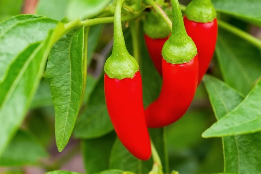 Close-up of red cayenne peppers growing on plant with green leaves