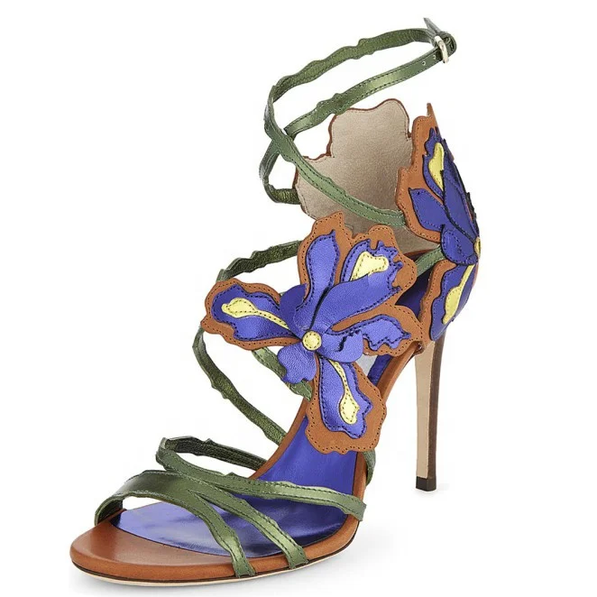 

Women Ankle Crisscross Strappy Buckle Sandals High Thin Heel Dress Shoes 3D Flower Decoration Fashion Stiletto Shoes, Blue pink grey