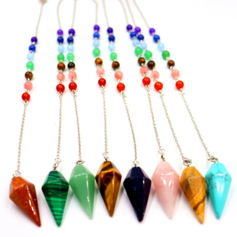 

Wholesale Natural Stone Healing Crystal Stone Hexagonal Cone Pendulum Hexagon Pendant with 7 Chakra Beads