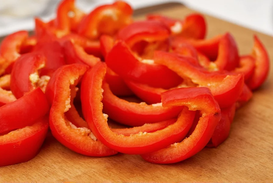 Close-up of red bell pepper slices showing vibrant color and texture on wooden cutting board