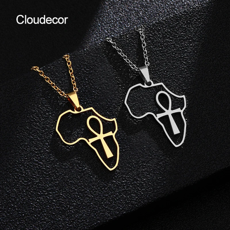 

Gold Plated Jewelry Africa Shape Necklace Men Women Trendy Chain Outline Necklace Stainless Steel Cross Necklace Pendant, 18k gold