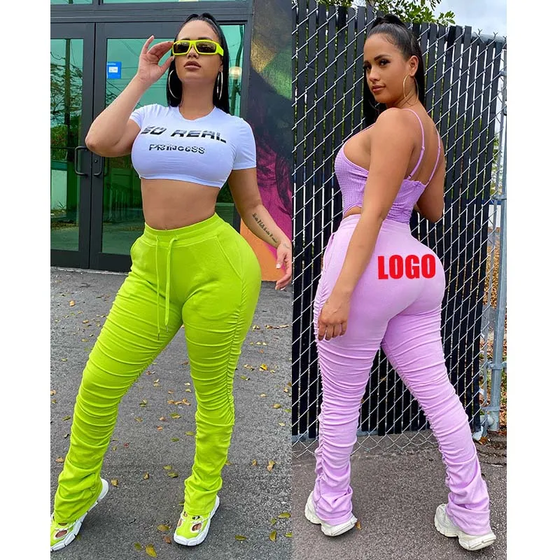 

Free Shipping Newest Design Solid Color Mid Waist Pleated Fashion Candy Color Trousers Women Trendy Flared Stacked Pants, Customized color