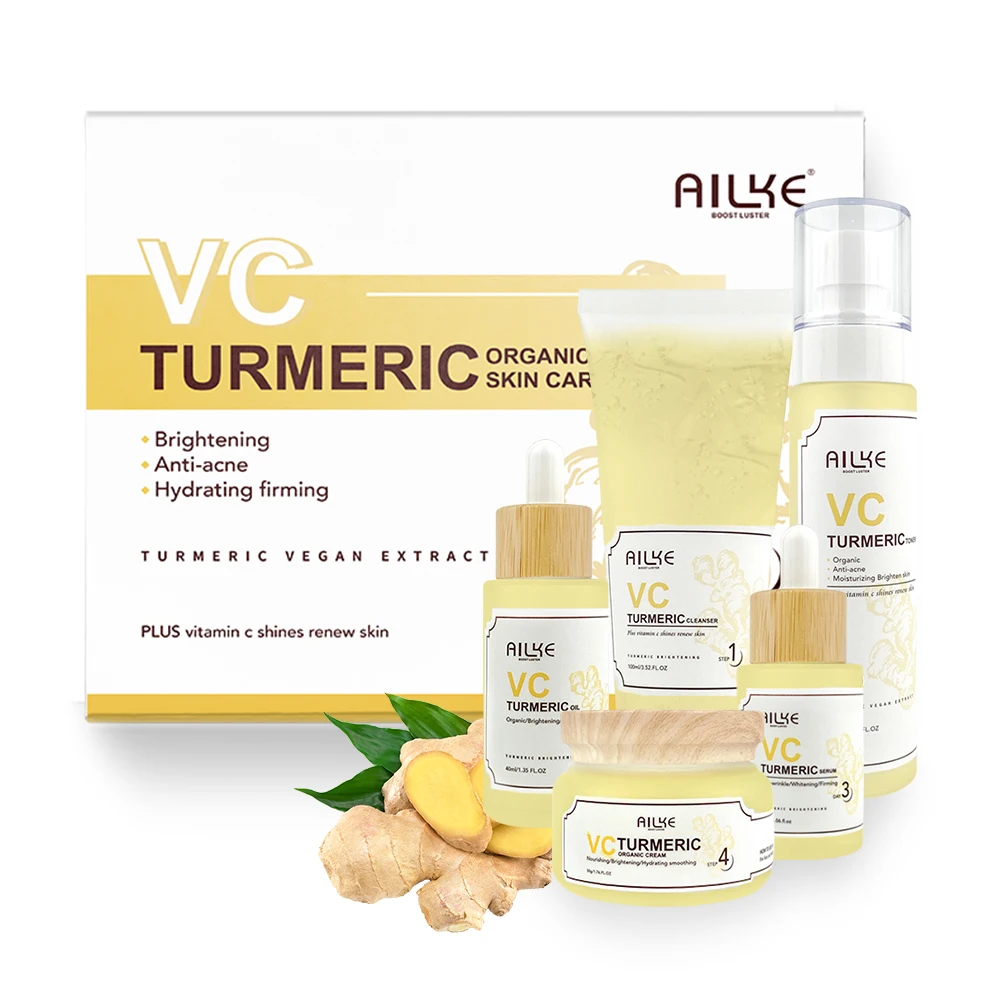 

Wholesale Turmeric Hydrating Firming Brightening Anti-acne Facial Cleanser Toner Serum Oil Cream Skincare Set