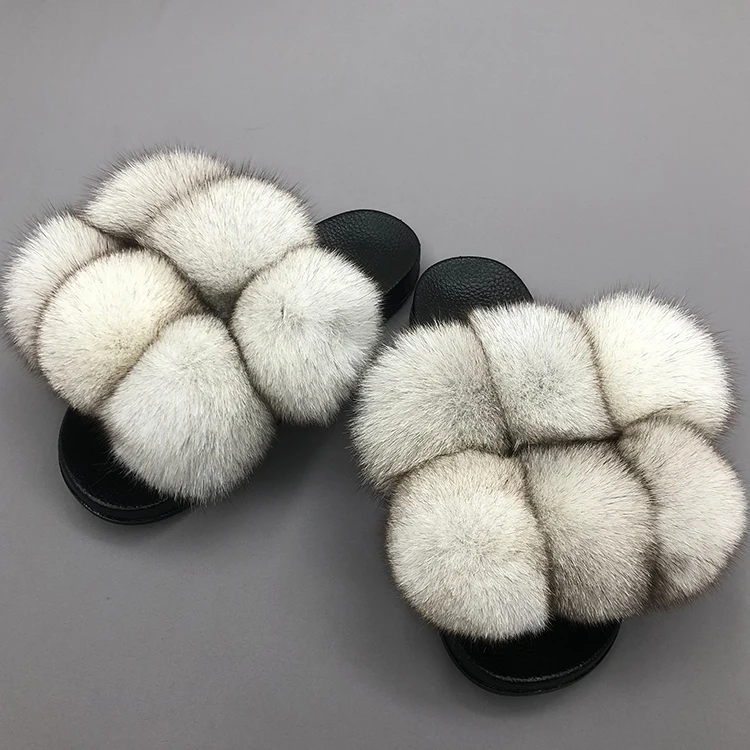 

Free shipping fluffy pom pom fox fur slippers slides white color fox fur slides for women ladies, Customized color