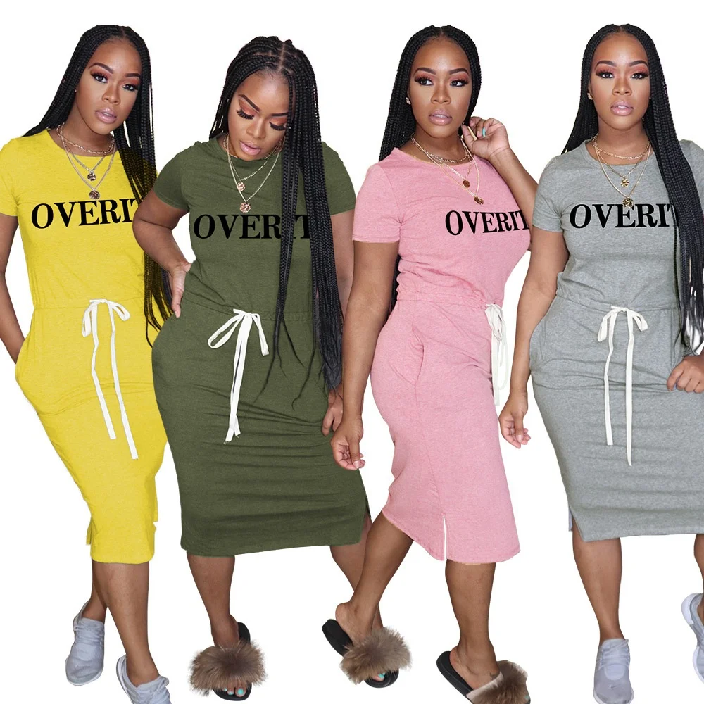 

MT73-6562 Women's Basic Round Neck Drawstring Short Sleeve Midi Skirt