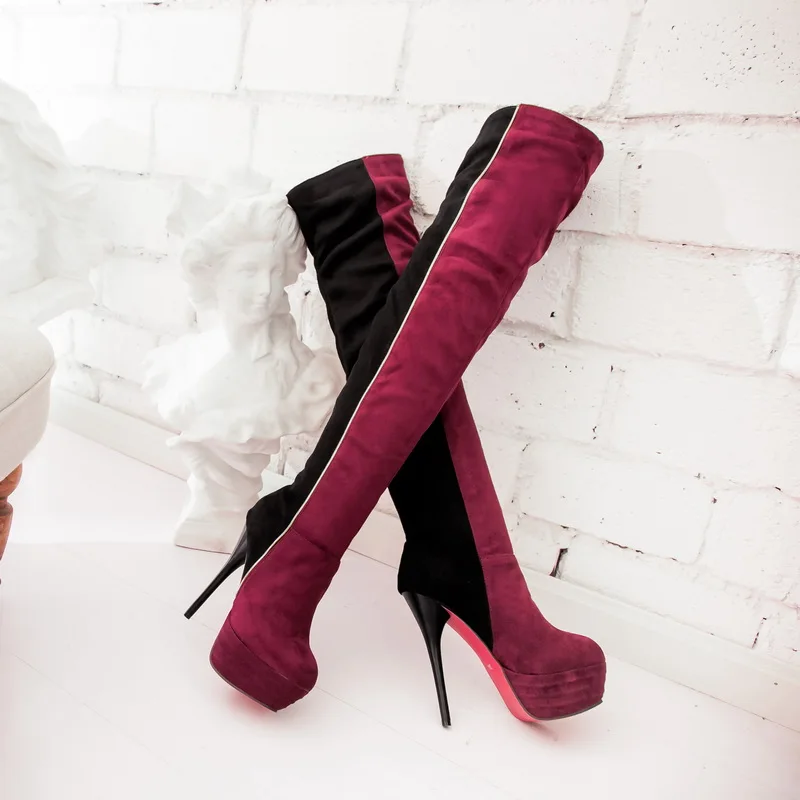 

Round Head Waterproof Platform Spike Heel Ladies Over-the-Knee Patchwork Frosted Leather Stilettos Boots, Black/blue/wine red