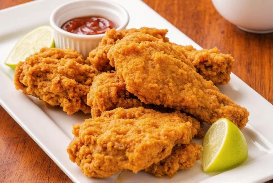 Golden fried chicken pieces on a platter