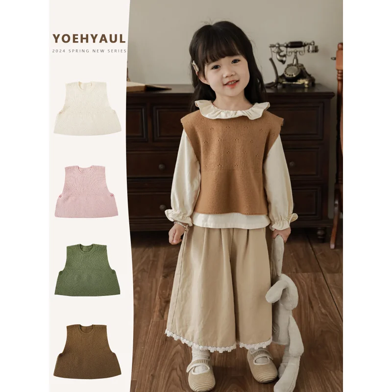 

YOEHYAUL Girls'Round Neck Sleeveless Sweater Vest Spring 2024 Children's Vitality Cute Pick Hole Jacquard Solid Color Vest