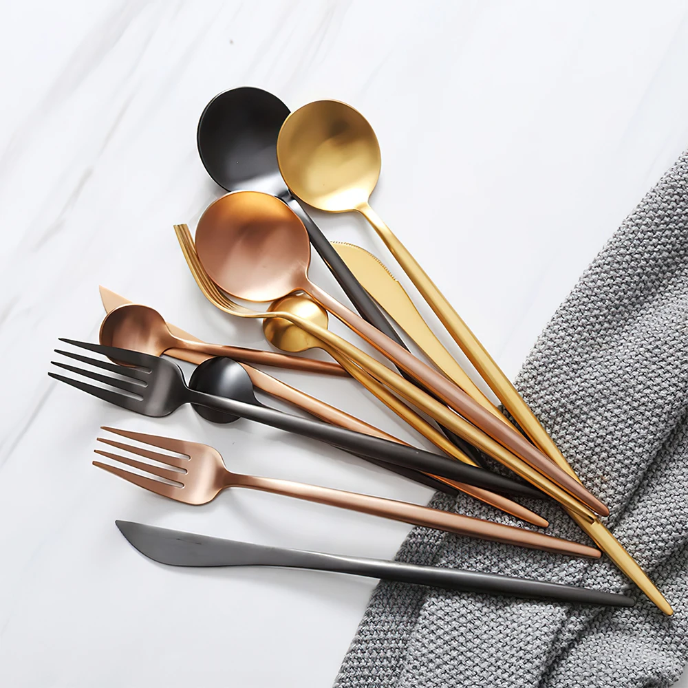 

Fast delivery restaurants wedding 18/10 matte gold plated stainless steel cutlery flatware set, 13 colors