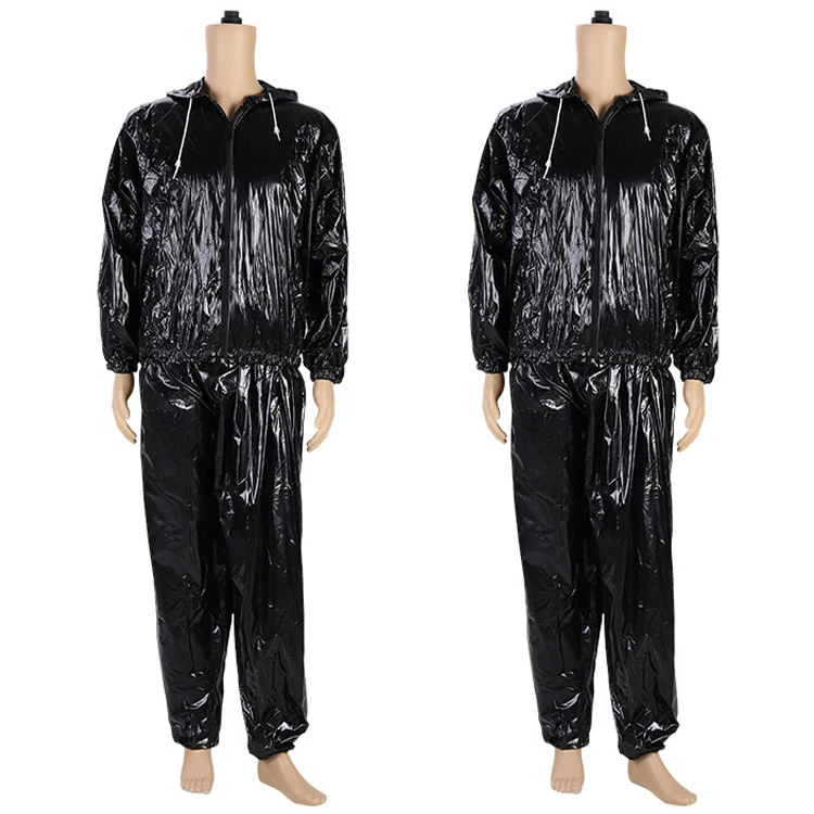 

Custom made thickened fitness control suit and sports sweat suit PVC Sauna Suit with black long zipper, Black, siver
