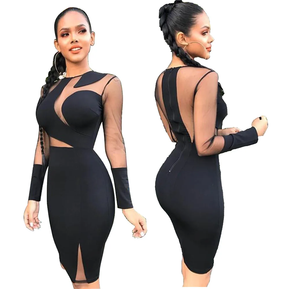 

Women Sheer Mesh Patchwork Club Dress See Through Splicing Bodycon Party Dress