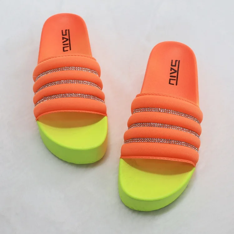 

X Popular fashion ladies colorful platform thick slope heel slippers rhinestone slides height increase sandals outdoor shoes, Picture colors or customized