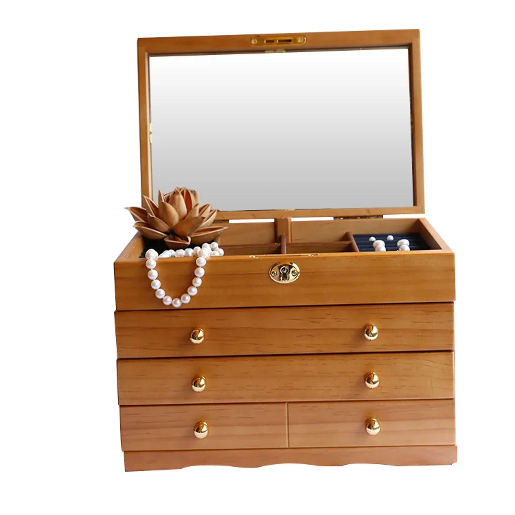 

Luxury Solid Wood Jewelry Packaging Box With Lock Vintage Flannel Antique Jewelry Storage Box Earrings Gift Box